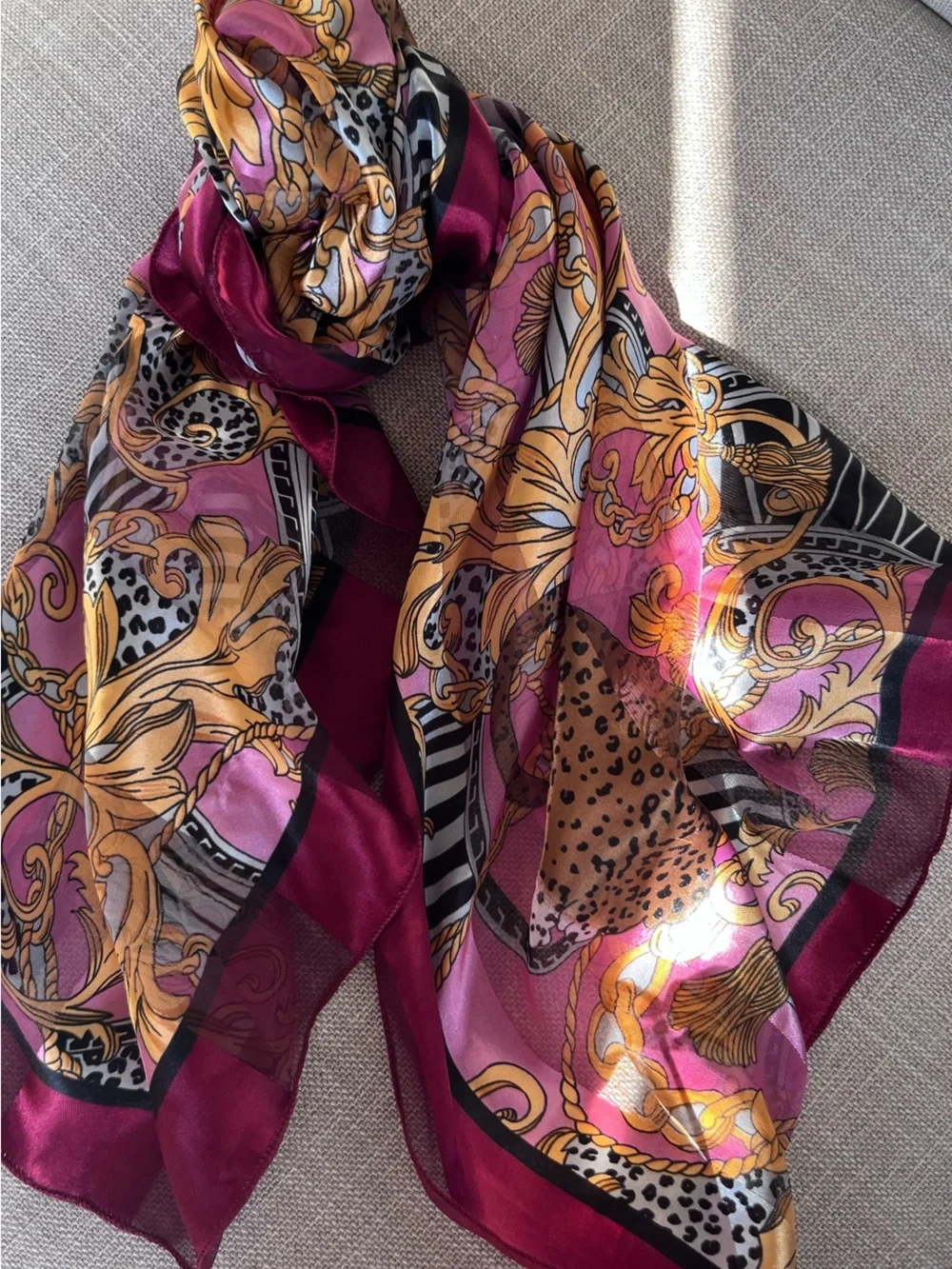 Silk-Feel Leopard Scarf in Plum and Gold 37.5 square